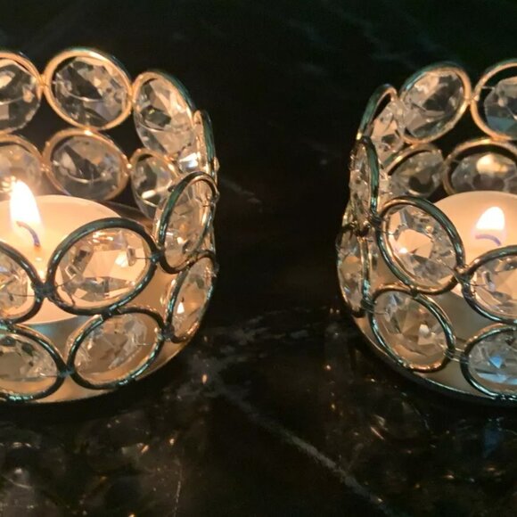 2 Tea Light Candle Holders Acrylic Beads Gold tone Metal 2 1/2" x 1 3/4" - Picture 4 of 5